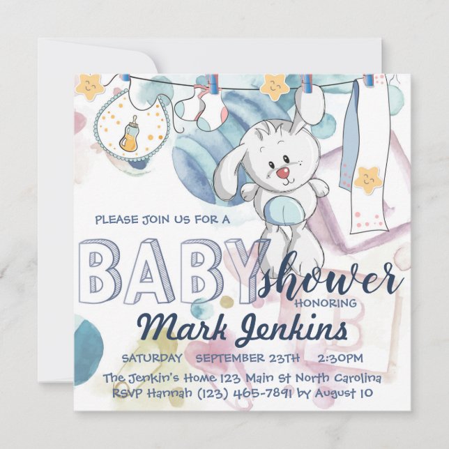 Helle Aquarell schöne, helle Baby Boy Dusche Einladung (Vorderseite)
