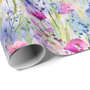 Helle Aquarell-Wildblumen Blau Rosa und Lila Geschenkpapier