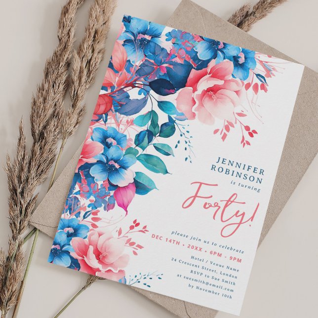 Helle Aquarellblume 40. Geburtstag Einladung (Bright Watercolor Floral 40th Birthday Invitation)