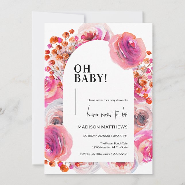 Helle Aquarellblume Arch Oh Babydusche Einladung (Vorderseite)