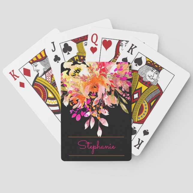 Helle Aquarellfarben Floral + Moderner Skriptname Spielkarten (Rückseite)