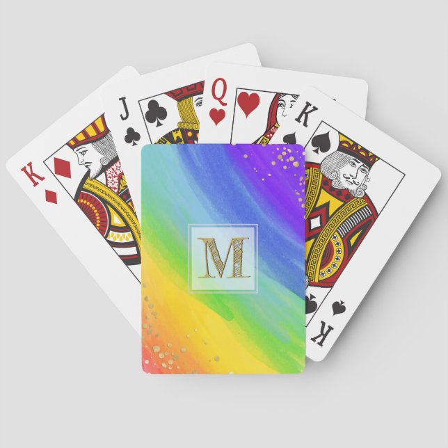 Helle Aquarellfarben-Regenbogen und Goldmonogramm Spielkarten (Rückseite)