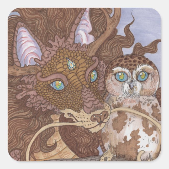 Helle Augen Owl und Dragon Quadratischer Aufkleber (Vorderseite)