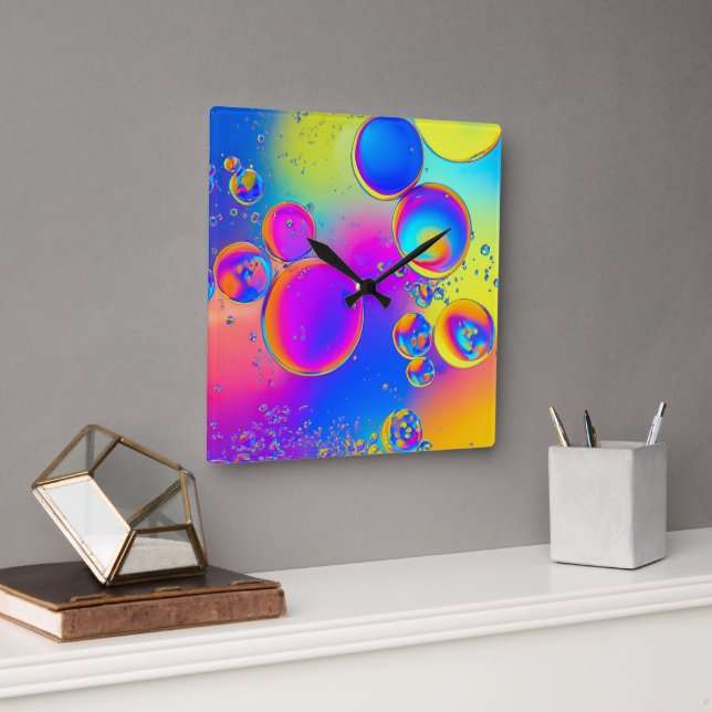 Helle Blasen flüssige Kunst Quadratische Wanduhr (Büro)