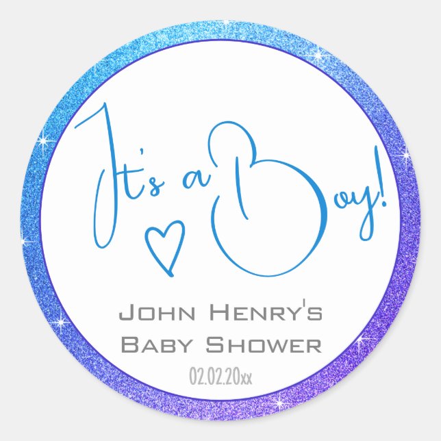 Helle blaue Lila Glitzer Stars Frame Baby Dusche Runder Aufkleber (Vorderseite)