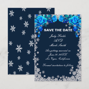 Helle blaue Rose Schneeflocken Save the Date Weihn