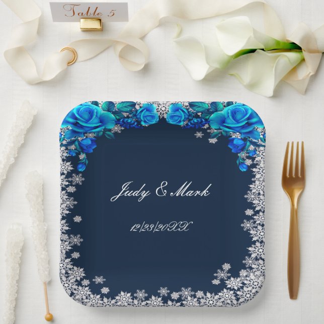 Helle blaue Rose Schneeflocken Weihnachten Hochzei Pappteller (Hochzeit)