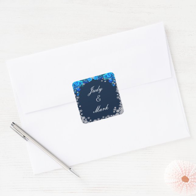 Helle blaue Rose Schneeflocken Weihnachten Hochzei Quadratischer Aufkleber (Umschlag)