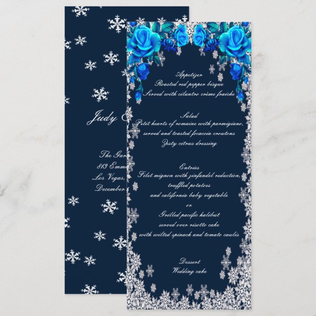 Helle blaue Rose Schneeflocken Weihnachtsmenü Menükarte (Vorne/Hinten)