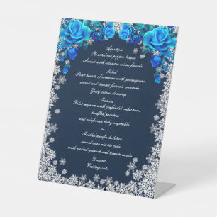 Helle blaue Rose Schneeflocken Weihnachtsmenü Sockelschild