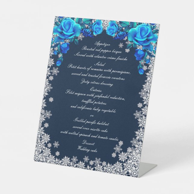 Helle blaue Rose Schneeflocken Weihnachtsmenü Sockelschild (Vorderseite)
