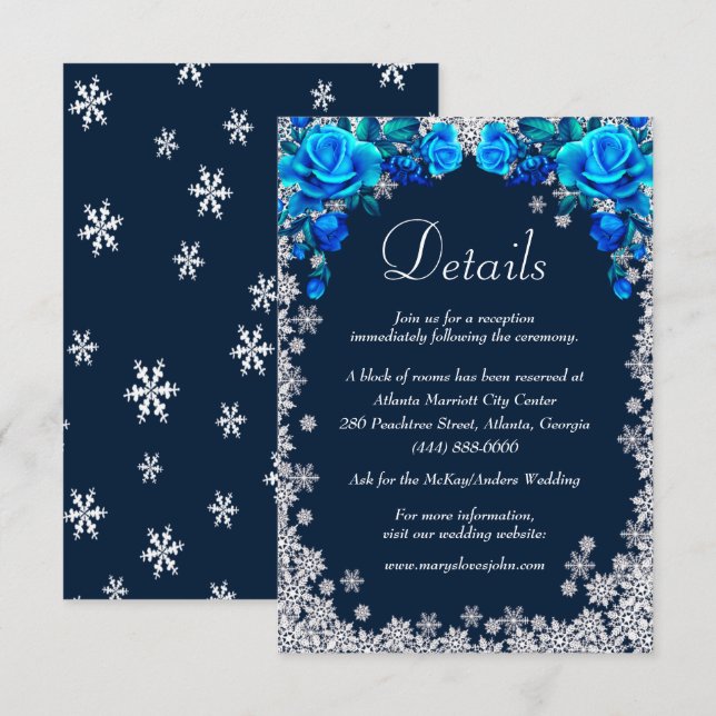 Helle blaue Rose Snowflake Hochzeitdetails Begleitkarte (Vorne/Hinten)