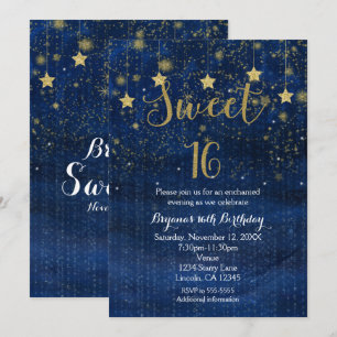 Helle Blue & Gold Stars Sweet 16 Party Einladungen