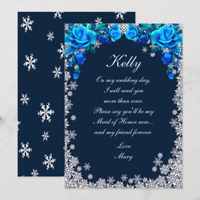 Helle Blue Rose Snowflake Weihnachten Trauzeugin Einladung (Vorne/Hinten)