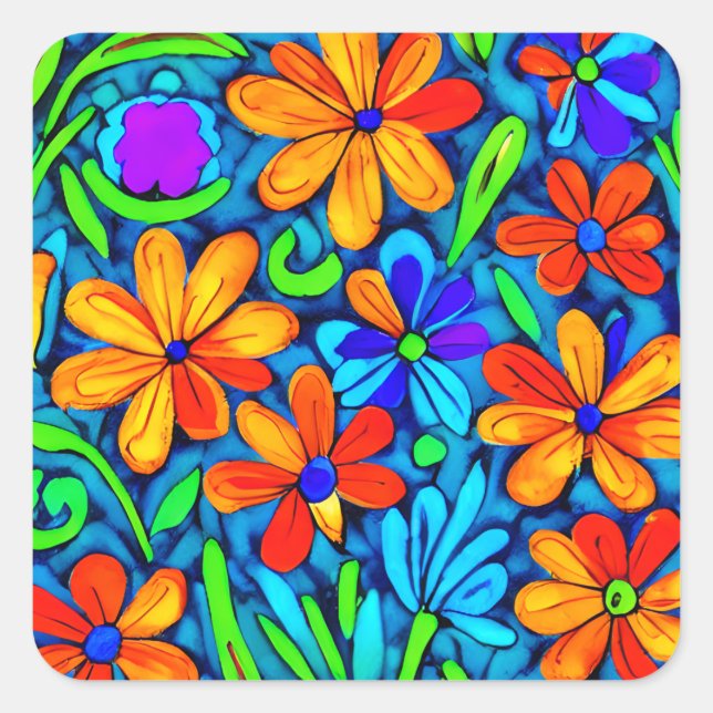 Helle Blume der Folklore Quadratischer Aufkleber (Vorderseite)