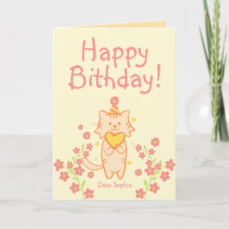 Helle Blume&Süße Katze mit Hut&Herz Geburtstag  Karte