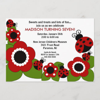 Helle Blume u. Marienkäfer-Geburtstags-Einladung Einladung