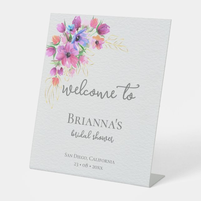 Helle Blume und Gold Brautparty Willkommen Sockelschild (Vorderseite)