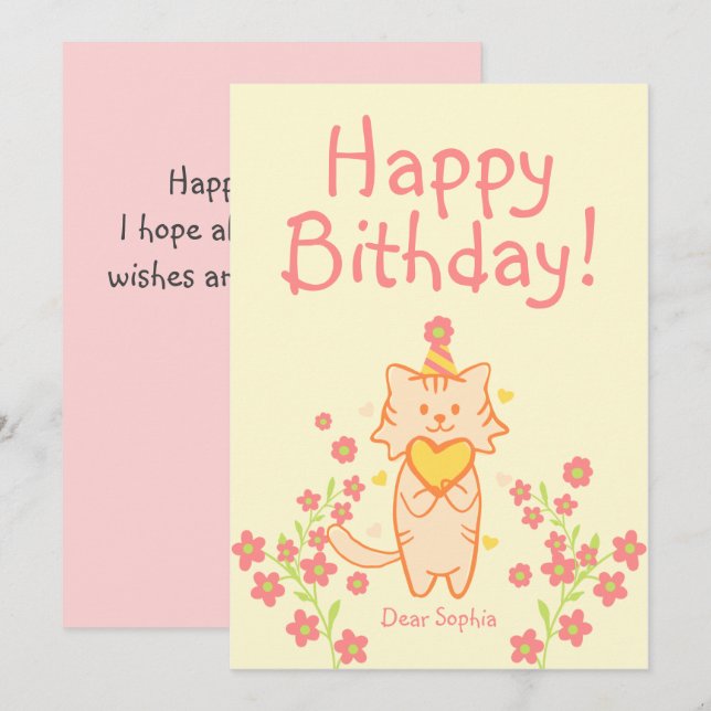 Helle Blume und Niedliche Katze mit Hut und Herz G (Vorne/Hinten)