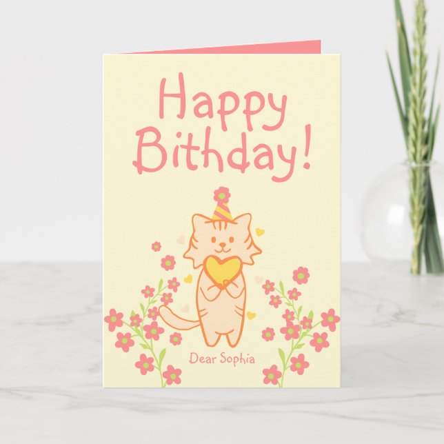 Helle Blume und Niedliche Katze mit Hut und Herz G Karte (Vorderseite)