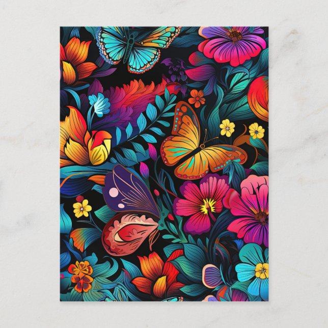 Helle Blume und Schmetterlingsmuster Postkarte (Vorderseite)