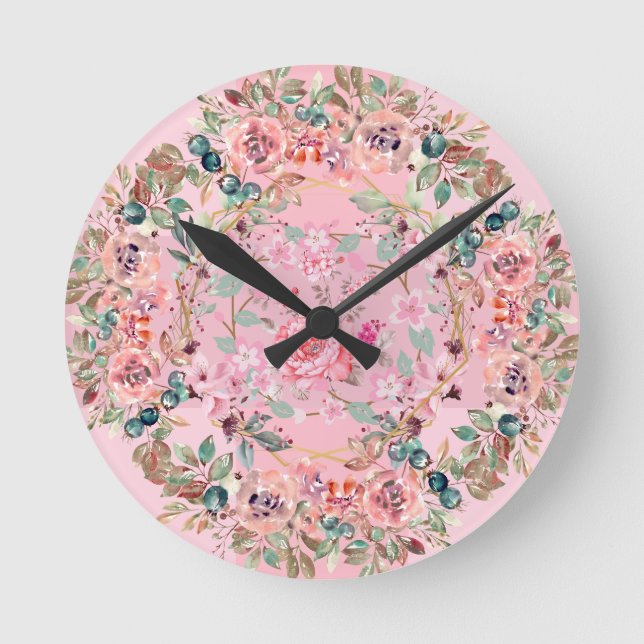 Helle Blumenkunst, schöner rosa Blumenreath Runde Wanduhr (Vorderseite)