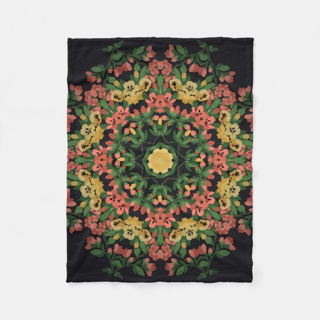 Helle Blumenmandala mit roten und gelben Blumen. Fleecedecke (Vorderseite)