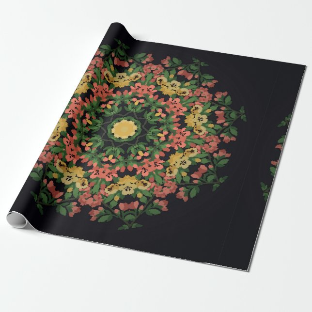 Helle Blumenmandala mit roten und gelben Blumen. Geschenkpapier (Ungerollt)