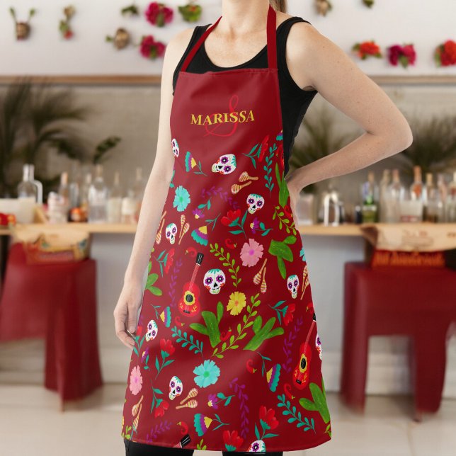 Helle, blumenmexikanische 5-de-mayo rote Monogramm Schürze (Bright floral Mexican 5 de mayo red monogram Apron)