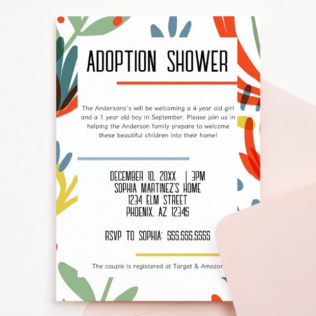 Helle Botanicals Adoption Dusche Einladung (bright and colorful botanical floral adoption shower invitation green, yellow, blue, red flowers)