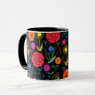 Helle bunte Blumen auf Schwarz Tasse