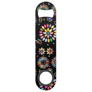 Helle bunte Blumenkreise auf Schwarz Speed Flaschenöffner