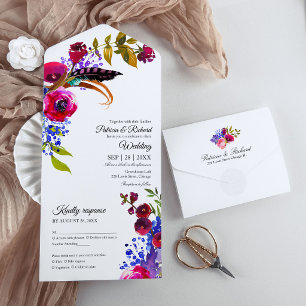Helle burgunderrote Blumenmonogramme Elegante Hoch All In One Einladung