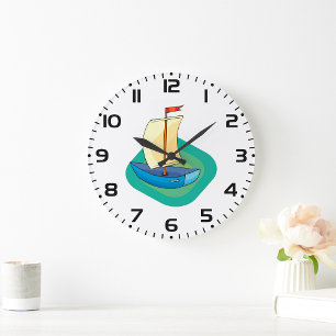 Helle Cartoon-Boot mit Segelspaß maritim Große Wanduhr