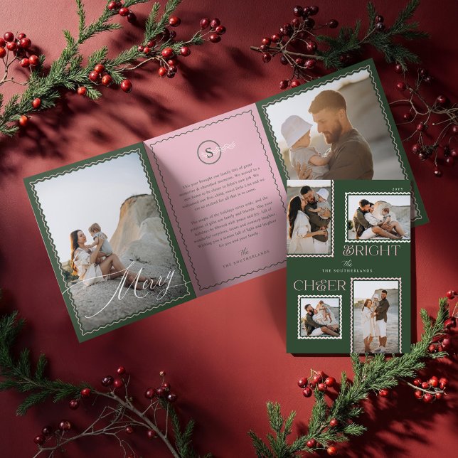 Helle Cheer Minimal Moderne Wavy Foto Collage Dreifach Gefaltete Urlaubskarte (Bright Cheer Minimal Modern Wavy Photo Collage Tri-Fold Holiday Card (Inside & Cover))