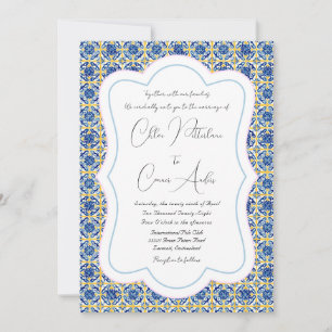 Helle detaillierte blaue Fliesenmuster-Hochzeit Einladung