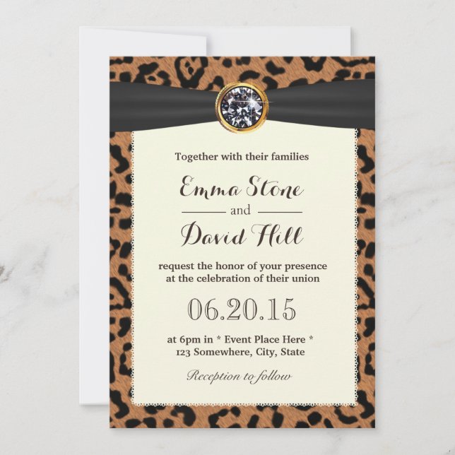 Helle Diamond Black Ribbon Leopard Printhochzeit Einladung (Vorderseite)