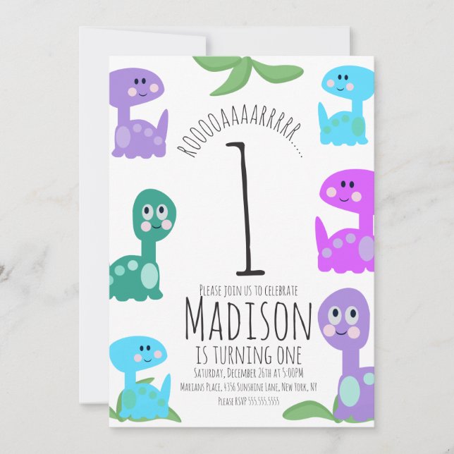 Helle Dinosaurier zum Geburtstag Einladung (Vorderseite)