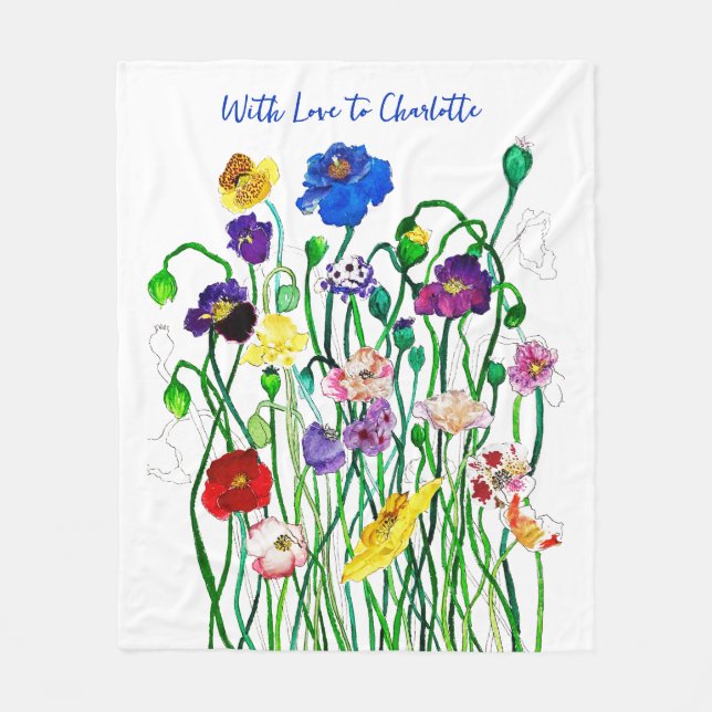 Helle Farbe Wild Poppy Wasserfarbe mit Namen Fleecedecke (Vorderseite)