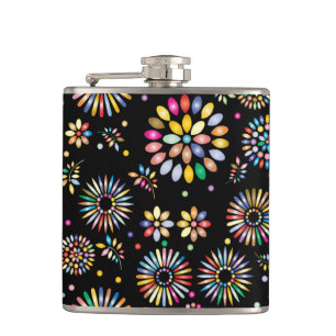 Helle farbenfrohe Blumenkreise auf Schwarz Flachmann