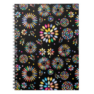 Helle farbenfrohe Blumenkreise auf Schwarz Notizblock