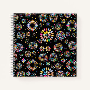 Helle farbenfrohe Blumenkreise auf Schwarz Notizbuch