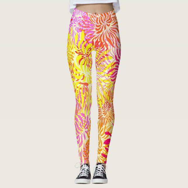 Helle, farbenfrohe Blütenfeder Leggings (Vorderseite)