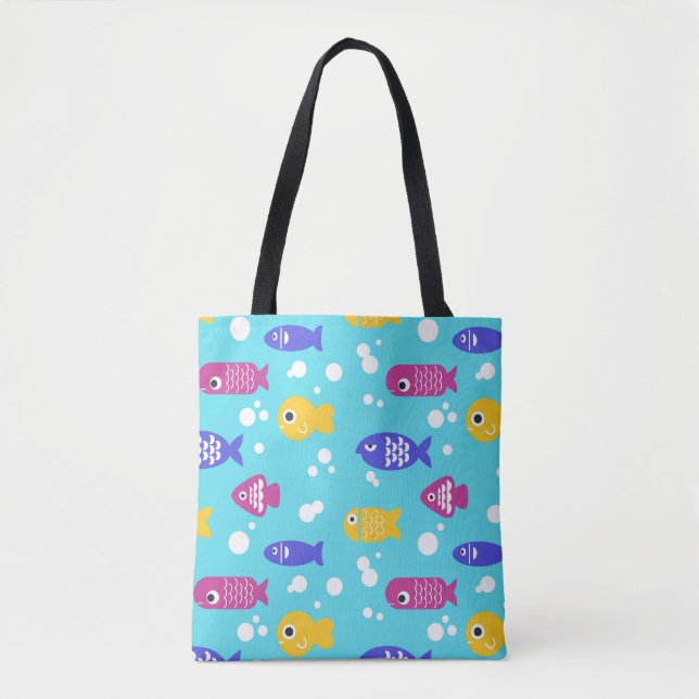 Helle farbenfrohe Cartoon-Fisch-Pattern Blau Tasche (Vorderseite)