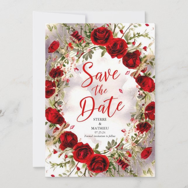 Helle farbenfrohe Crimson-Rote Rosen Hochzeit Save The Date (Vorderseite)