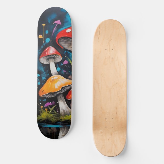 Helle farbenfrohe Hippie Pilze Fungi Skateboard (Vorderseite)