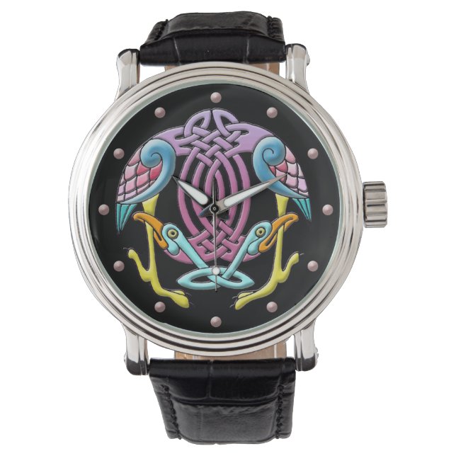 Helle, farbenfrohe keltische Vögel geknotete Ornam Armbanduhr (Vorderseite)