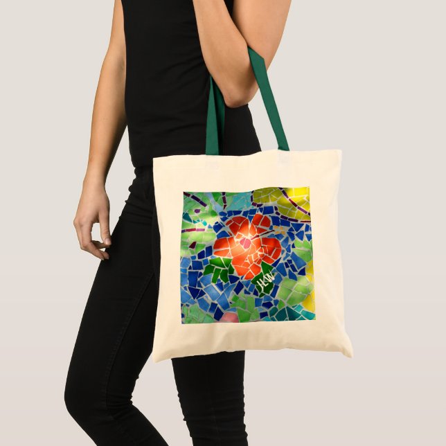 Helle, farbenfrohe Mosaik-Rote Blume Tragetasche (Vorderseite (Produkt))