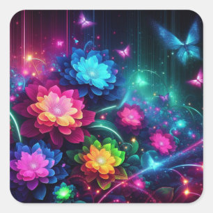 Helle, farbenfrohe Neon-Blume/Schmetterlinge Quadratischer Aufkleber