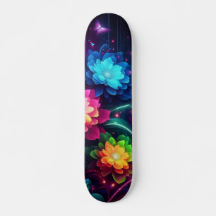 Helle, farbenfrohe Neon-Blume/Schmetterlinge Skateboard